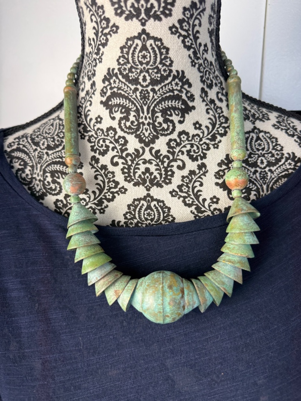 Vintage metal Green Patina Statement Necklace 23”